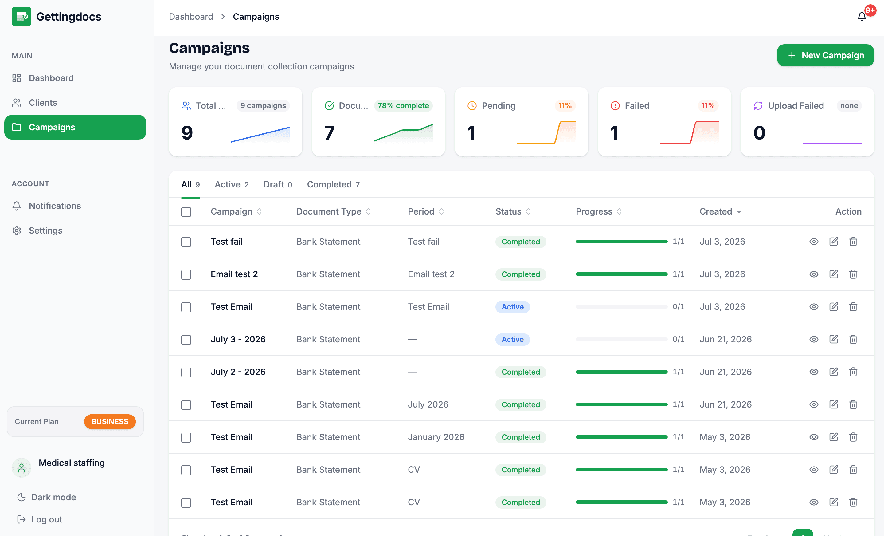 GettingDocs campaigns view with per-campaign collection status